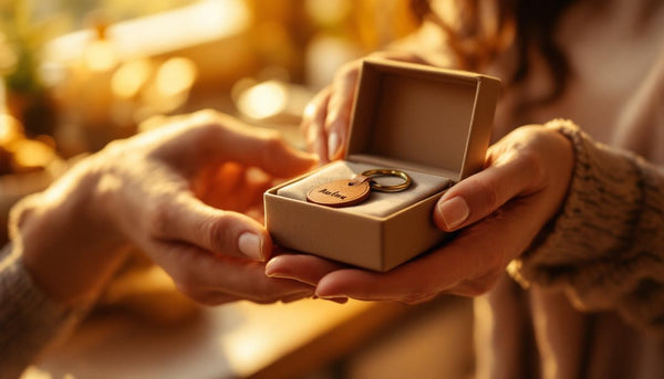 Mother receiving a personalized leather keychain gift with joy