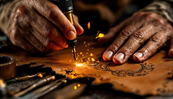 Craftsman laser engraving personalized leather keychain in workshop