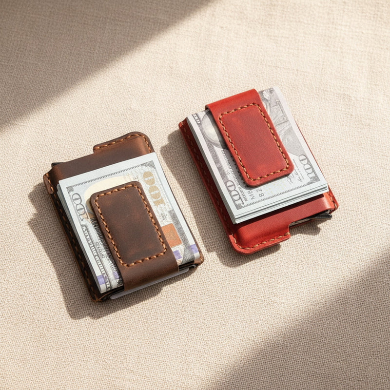 Brown and red personalized leather money clip wallets holding cash on linen