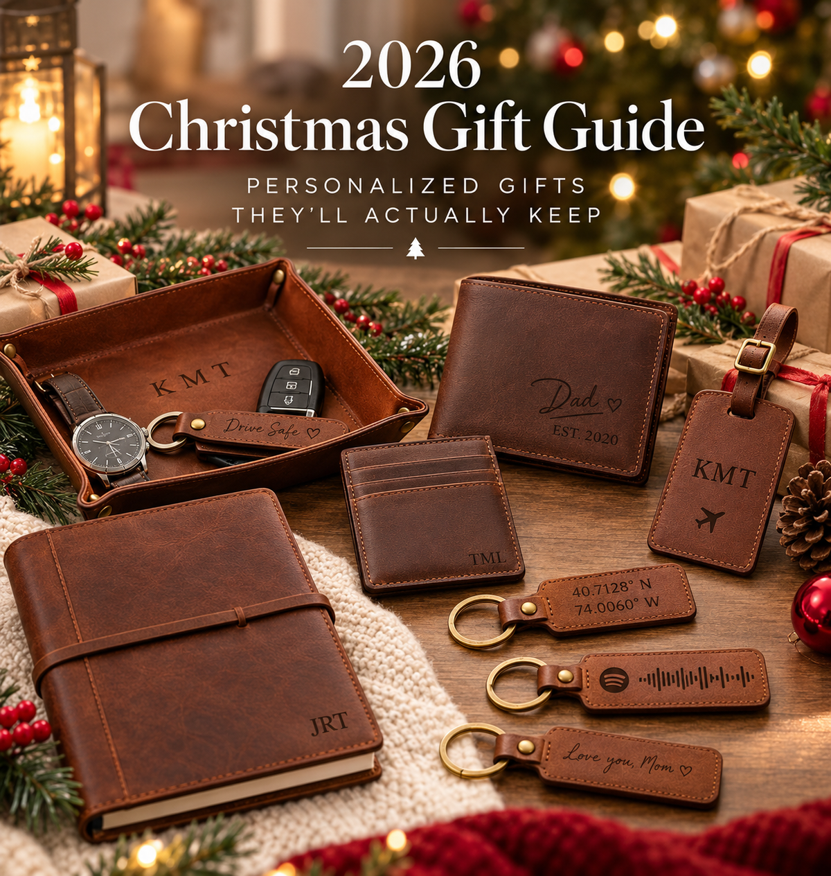 2026 Christmas gift guide featuring personalized leather wallets, journal, valet tray, luggage tag and engraved keychains from JabaGift