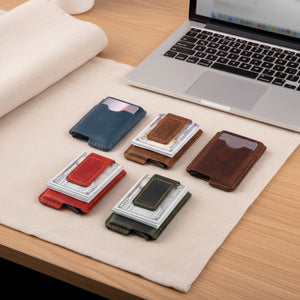 Five personalized leather card holders in blue, brown, red, green and coffee