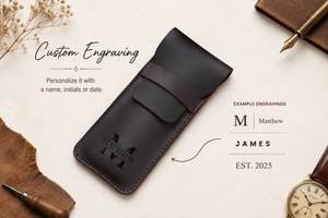 Custom engraving guide showing name, initials and date examples on the pencil case