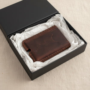 Coffee leather card holder gift wallet in a black gift box with tissue paper