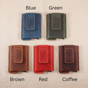 Leather card holder color chart: Blue, Green, Brown, Red and Coffee options