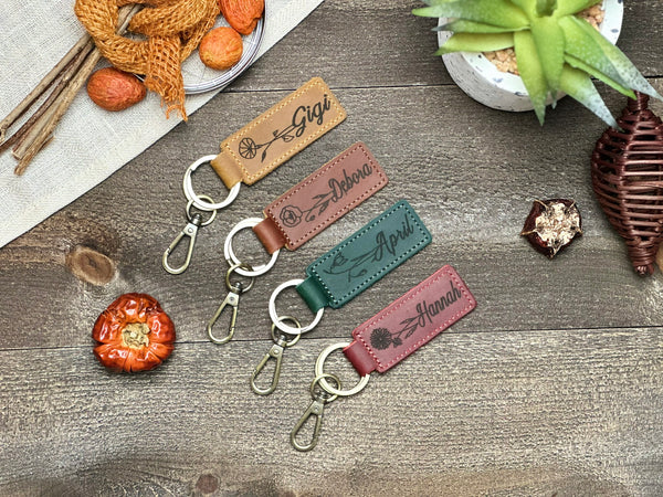 Personalized Birth Flower Leather Keychain