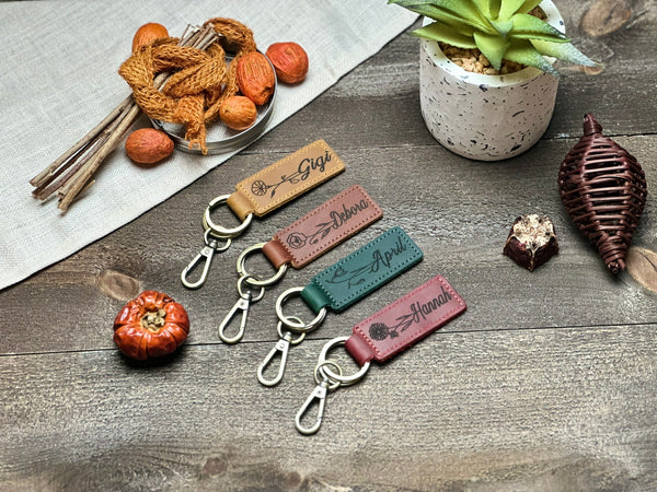 Personalized Birth Flower Leather Keychain