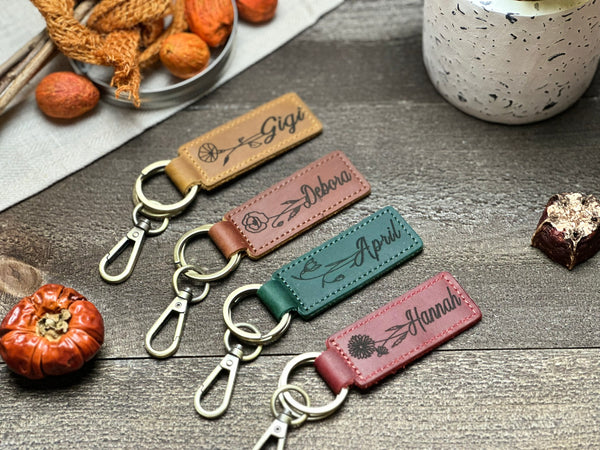 Personalized Birth Flower Leather Keychain