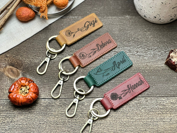 Personalized Birth Flower Leather Keychain