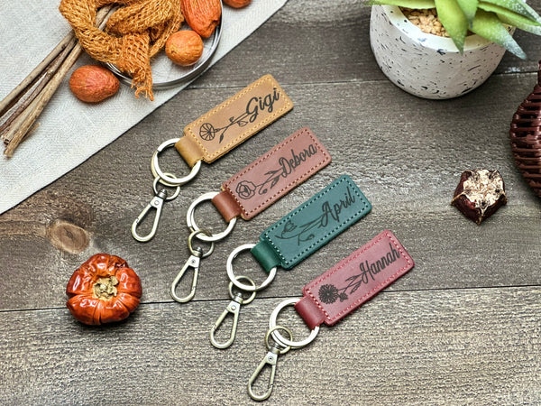 Personalized Birth Flower Leather Keychain