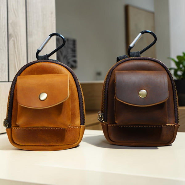 Leather Mini Backpack Pouch – Keychain, Coin & Dog Walking Bag