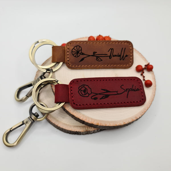 BIRTH FLOWER Keychain, BRIDESMAID Gifts, Customized birthday gift for mom, Bff Gifts, Sister Gift, Personalized Leather Keychain
