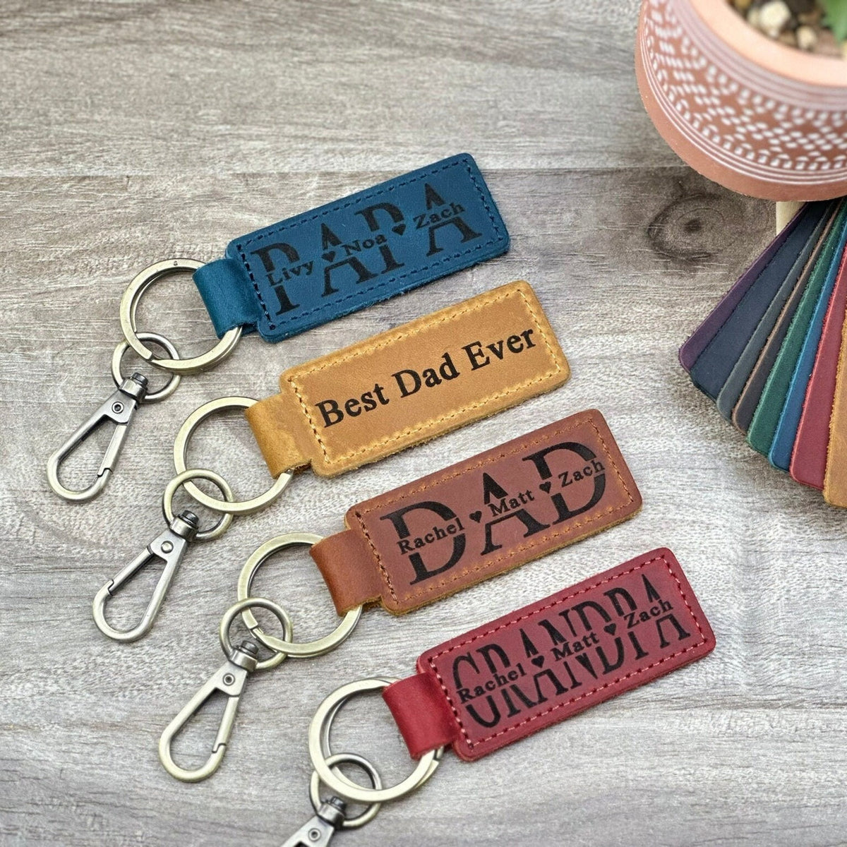 Custom Engraved Dad Leather Keychain | Personalized Father Keyring | Gift for Dad from Kids
