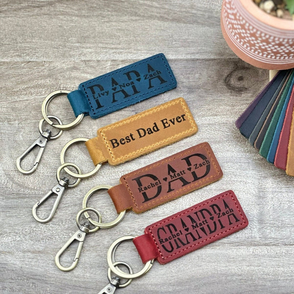 Custom Engraved Dad Leather Keychain | Personalized Father Keyring | Gift for Dad from Kids