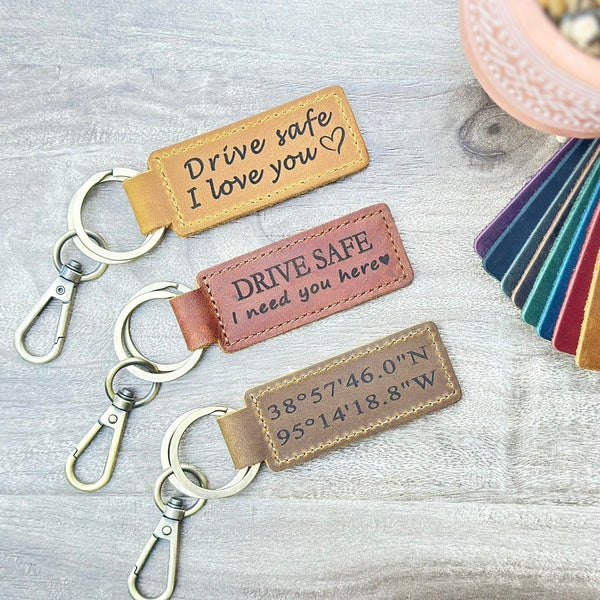 Personalized Coordinate Leather Keychain, Custom Latitude Longitude Engraved Key Fob, Anniversary Birthday Location Gift for Him