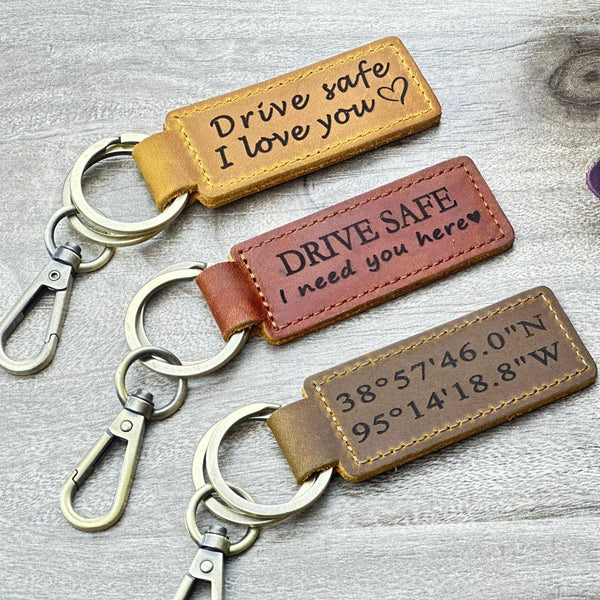 Personalized Leather Coordinate Keychain, Custom Latitude Longitude Engraved Key Fob, Anniversary Birthday Location Gift