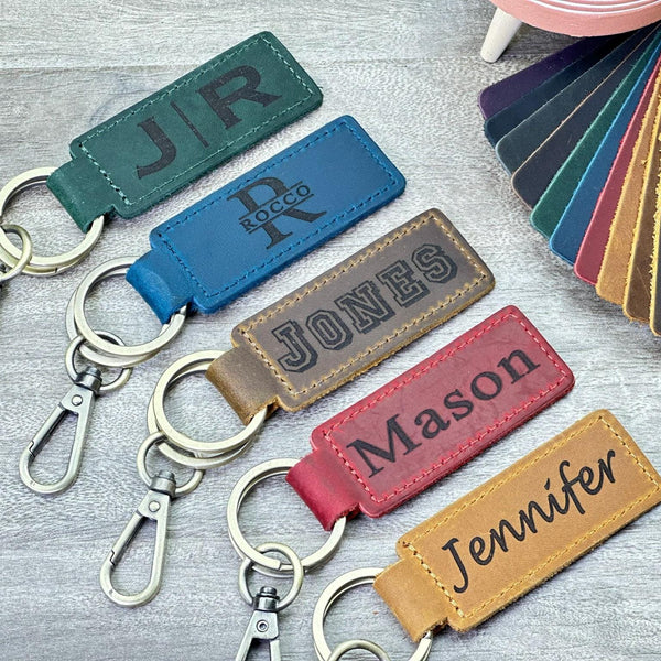 Personalized Initial Leather Keychain – Custom Engraved Monogram Key Fob with Carabiner