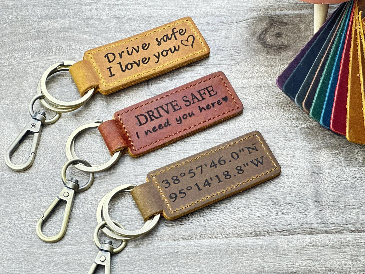 Engraved Leather Keychain for Men,Personalized GPS Keychain,Leather Keyring,Custom Leather Keychain,Monogrammed Leather Key Fob,Gift for Him