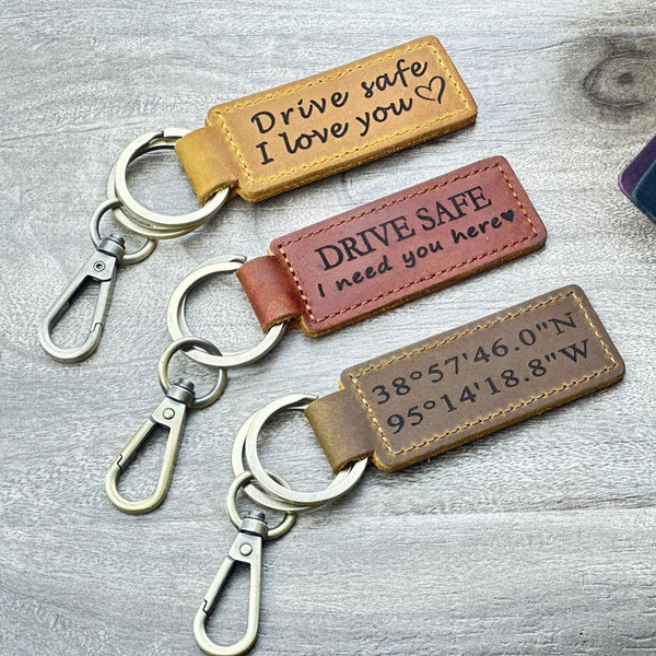 Personalized Leather Key Fob • Engraved Coordinates & Names • Handmade Anniversary Keepsake