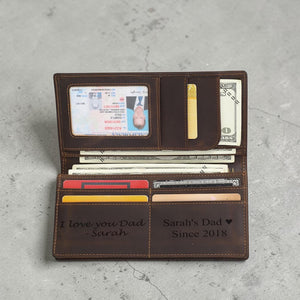 Personalized leather long wallet open flat view showing card slots, ID windows and bill compartments