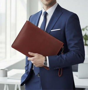 Burgundy leather document holder held with suit