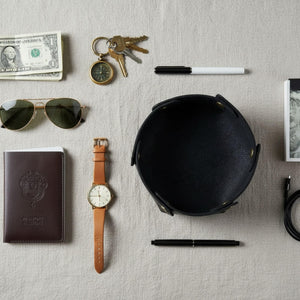 Leather valet tray with soft suede lining