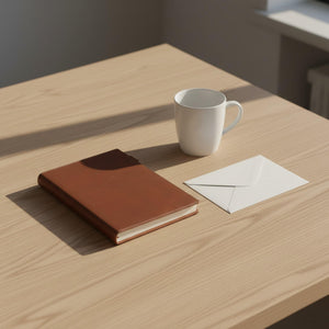 Closed brown leather journal cover with a coffee mug on a wood surface