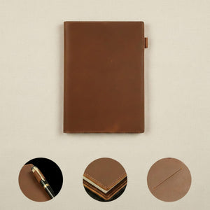 Detail shots of the brown leather journal cover, tab closure and stitching