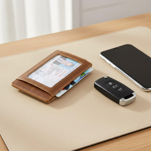Personalized leather wallet with RFID blocking and ID window