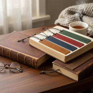 Five leather bookmark colors flat lay with leather journal
