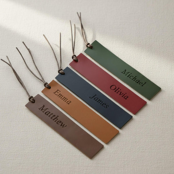 Personalized leather bookmarks in five colors with engraved names and cord tassels