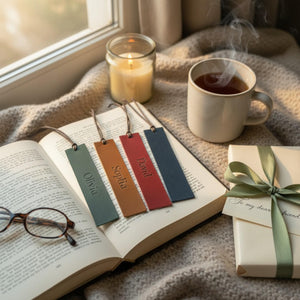 Leather bookmark with cord in cozy reading setting
