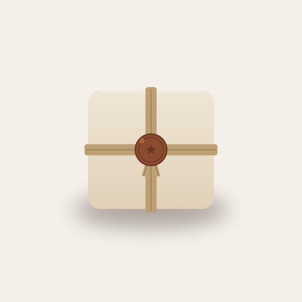 Signature gift wrap — cream cotton paper parcel tied with twine and a wax seal